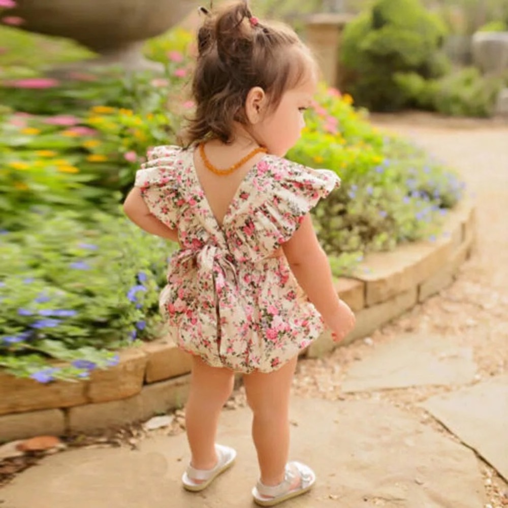 ⭐️NEW⭐️ Beige & Pink Floral Romper with Ruffles - Picture 2 of 2